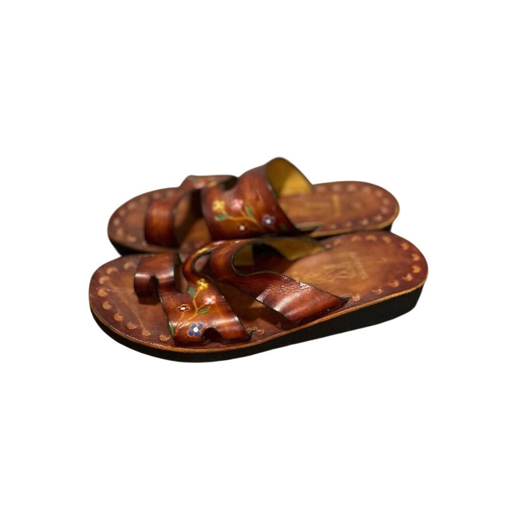 Handmade Artisanal Huarache 9 boho embossed leather mexicana whimsical sandal - Picture 4 of 7